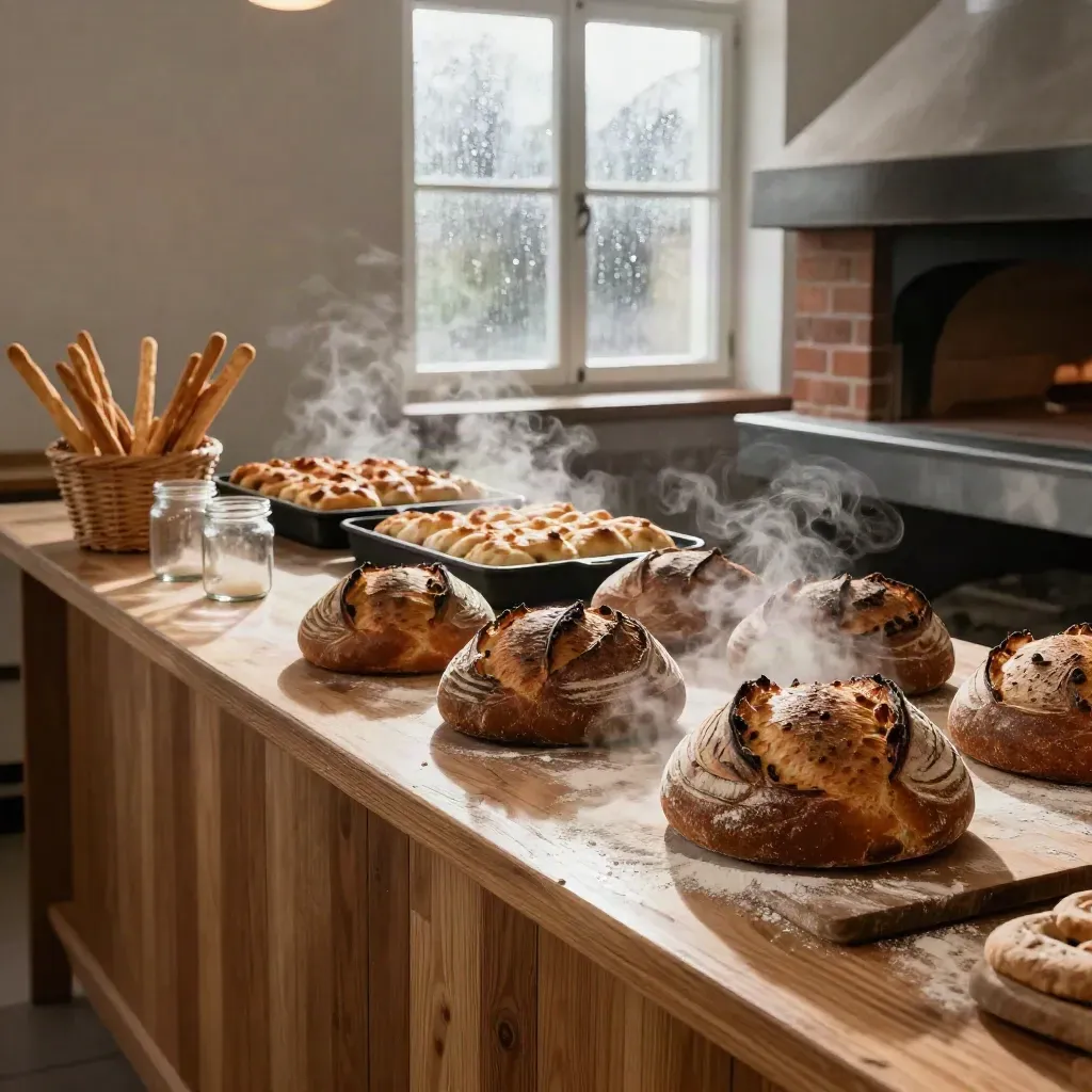 Laboratorio di panificazione all’alba con pane, focacce, grissini e starter in barattoli.