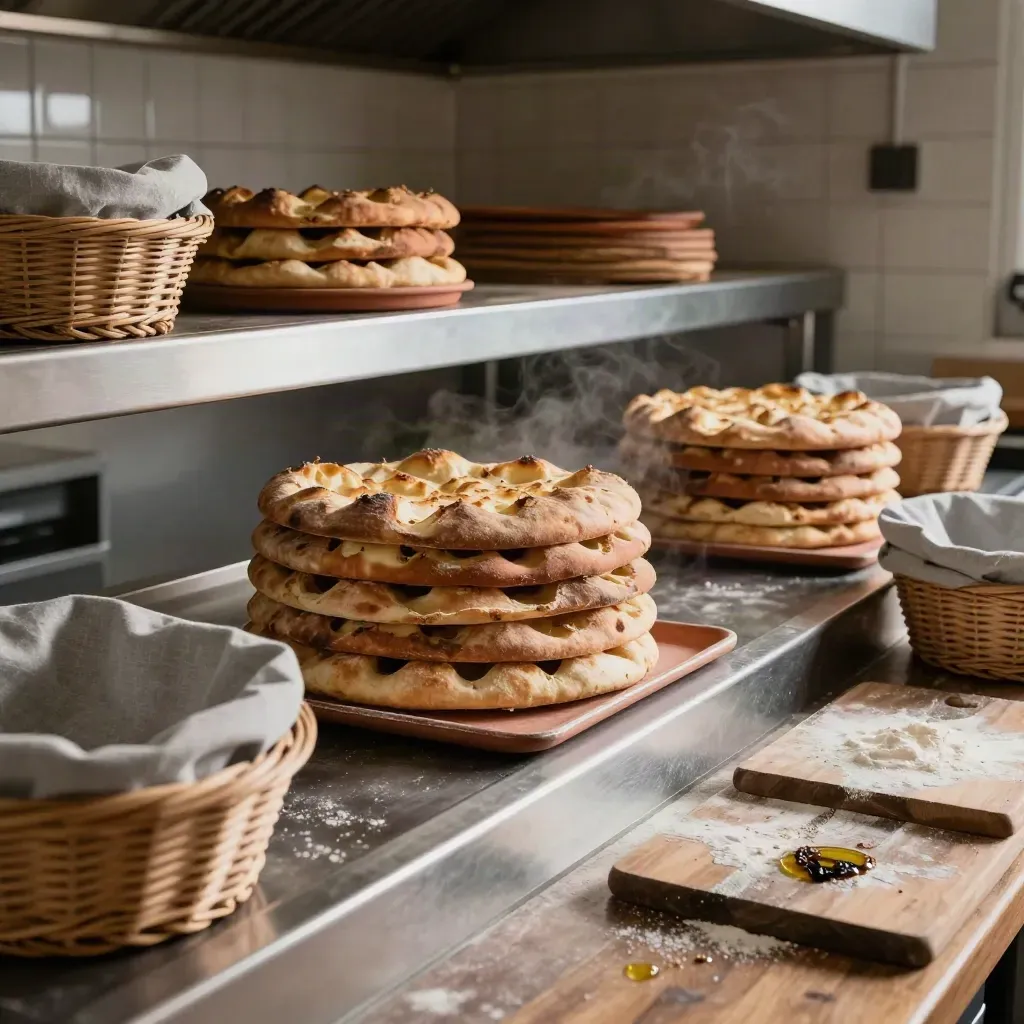 Focacce impilate e teglie calde nel passavivande di una trattoria, luce drammatica e vapore.