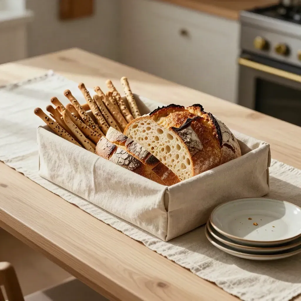 Box famigliare con pane tagliato, cracker e sacchetti riutilizzabili su tavolo in legno chiaro.