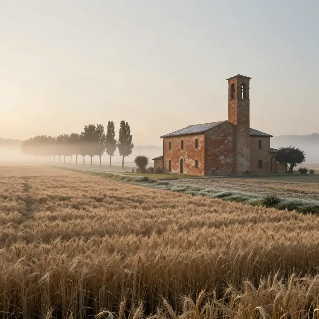 Cascina lombarda e campanile nella foschia mattutina, campi di grano dorati e luce calda.