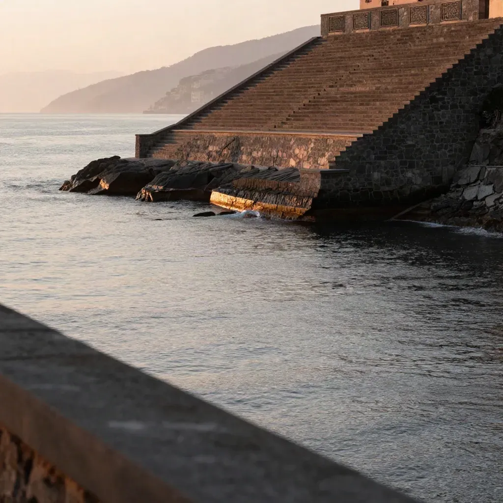 Promontorio ligure in pietra scura, terrazze sul mare e costa lontana nella foschia serale